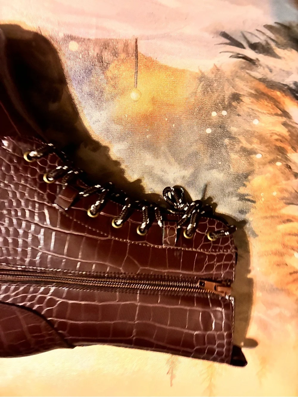 Croc-Embossed Brown Combat Boots 8.5